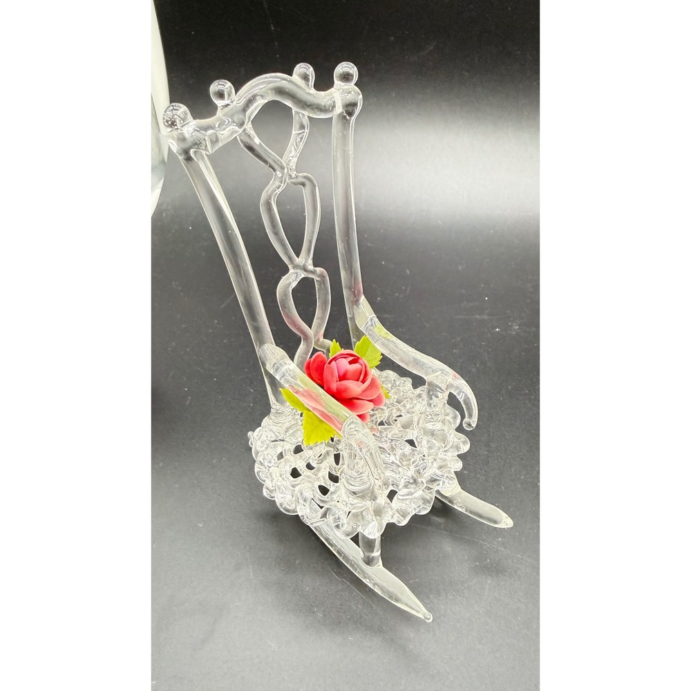 Vintage Spun Glass Rocking Chair Figurine with Red Rose Miniature Art